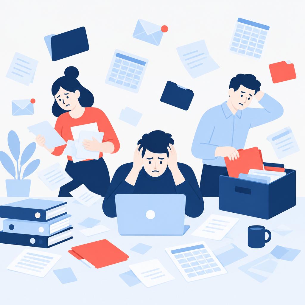 Flat-vector illustration of the chaotic supplier onboarding process with scattered documents and frustrated users
