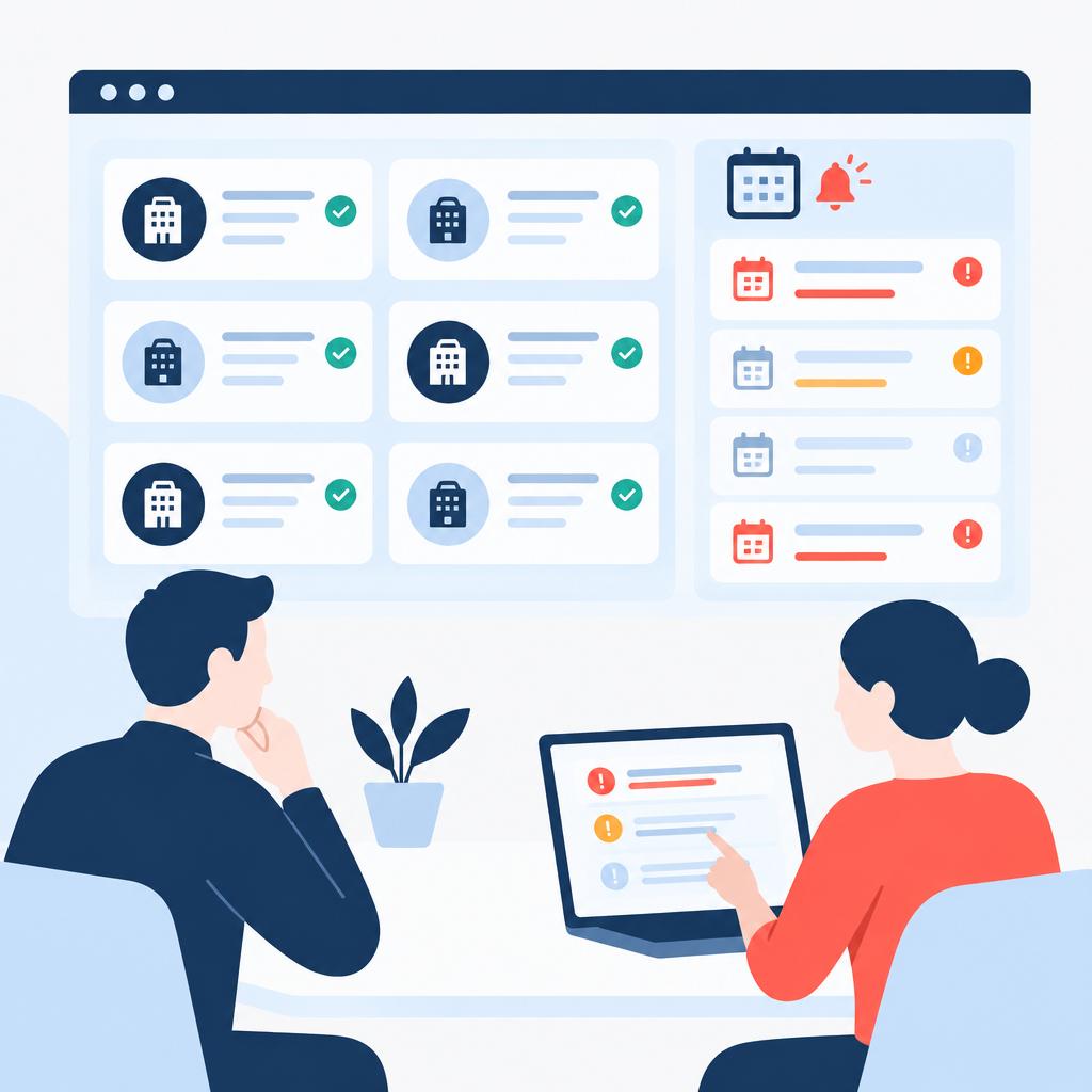 Flat-vector illustration of an organised onboarding dashboard with approved suppliers and reminder flags