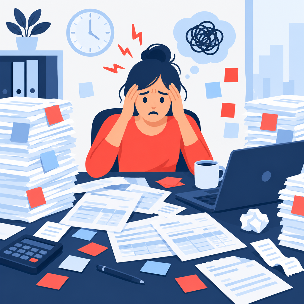 Flat-vector illustration of a cluttered desk with paper invoices and a stressed accounts payable clerk