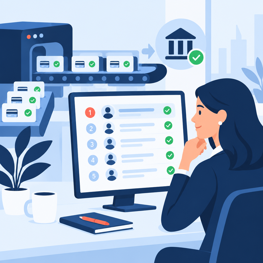 Flat-vector illustration of a calm finance user viewing an automated ranked payment list with checkmarks