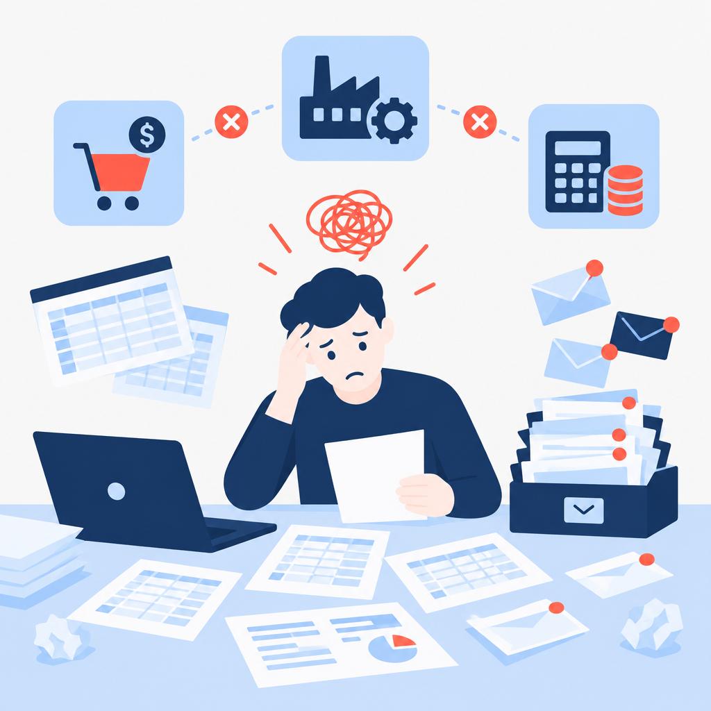 Flat vector illustration of a chaotic pile of spreadsheets and notifications representing manual supplier monitoring.
