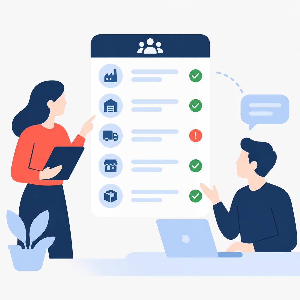 Flat vector illustration of a streamlined supplier list with prioritized alerts and two team members collaborating.