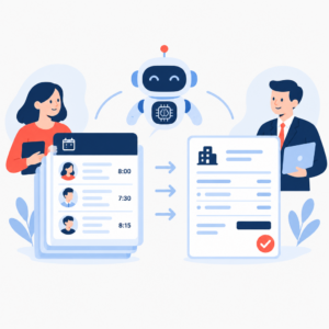 Flat vector illustration showing automated validation of timesheets into invoice-ready items
