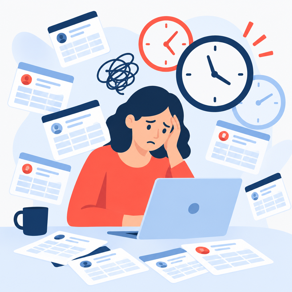 Illustration of scattered timesheet cards and a person frustrated with manual review