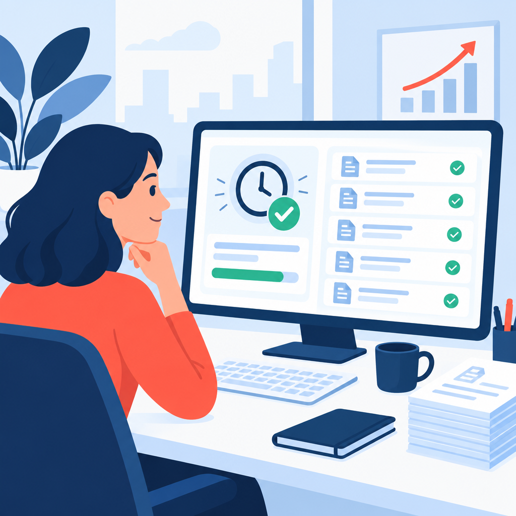 Illustration of a calm finance user viewing approved billable time and ready invoices