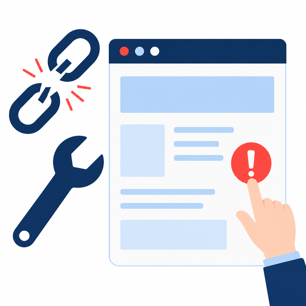 Illustration d'une page Web comportant une alerte de lien rompu et un outil permettant de le réparer, dans le cadre de la surveillance du contenu d'un site Web