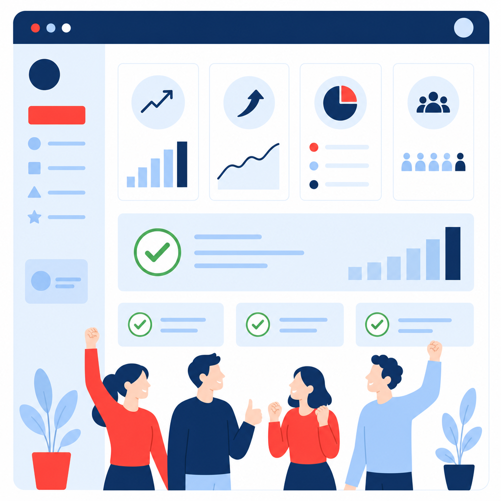 Illustration d'une page web épurée, affichant des indicateurs positifs et gérée par une petite équipe, mettant en avant l'amélioration du contenu et la clarté du site