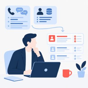 Illustration vectorielle « flat » représentant un responsable commercial recevant des conseils concis tirés de transcriptions d'appels et de données issues du CRM.