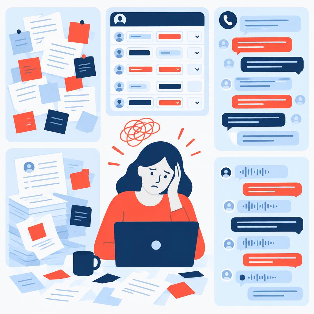 Illustration montrant des notes éparses, des transcriptions et des entrées incohérentes dans le CRM, illustrant la situation ' d'avant ' le défi.