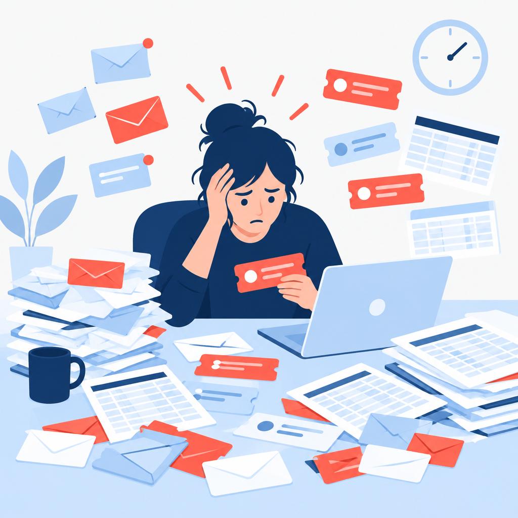 Flat-vector illustration of a busy office desk with many tickets, emails and spreadsheets representing the manual process before automation.
