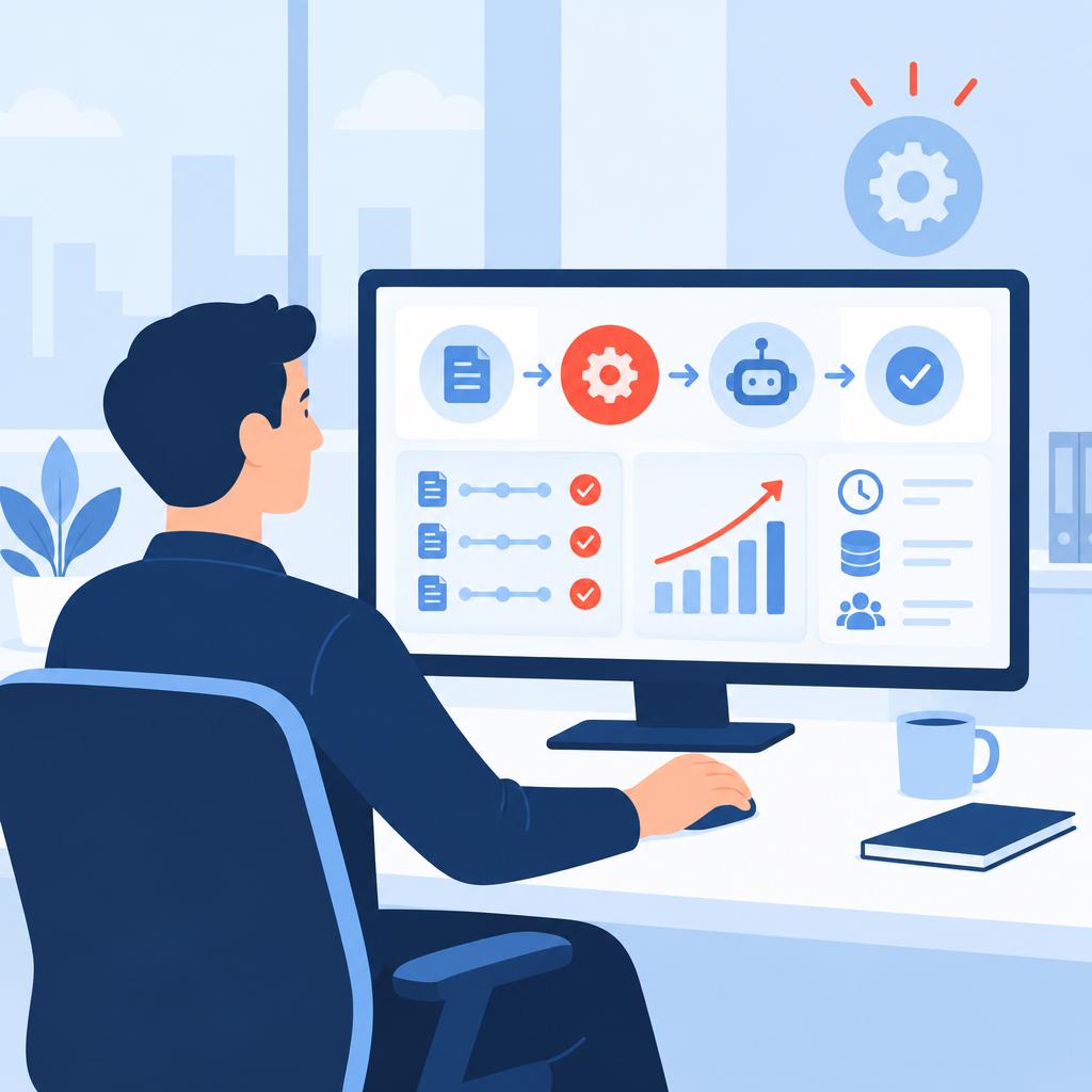 Flat-vector illustration of a simplified, tidy workspace and a dashboard showing automated workflows, representing the operational result after automation.