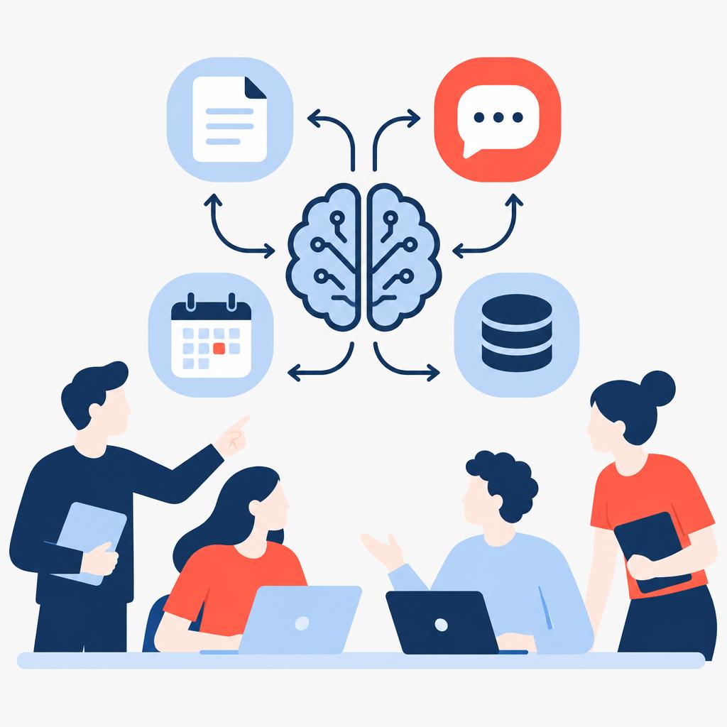 Illustration vectorielle « flat » représentant une équipe avec un « cerveau IA » stylisé contrôlant des éléments de flux de travail interconnectés, illustrant l'automatisation gérée par l'IA.