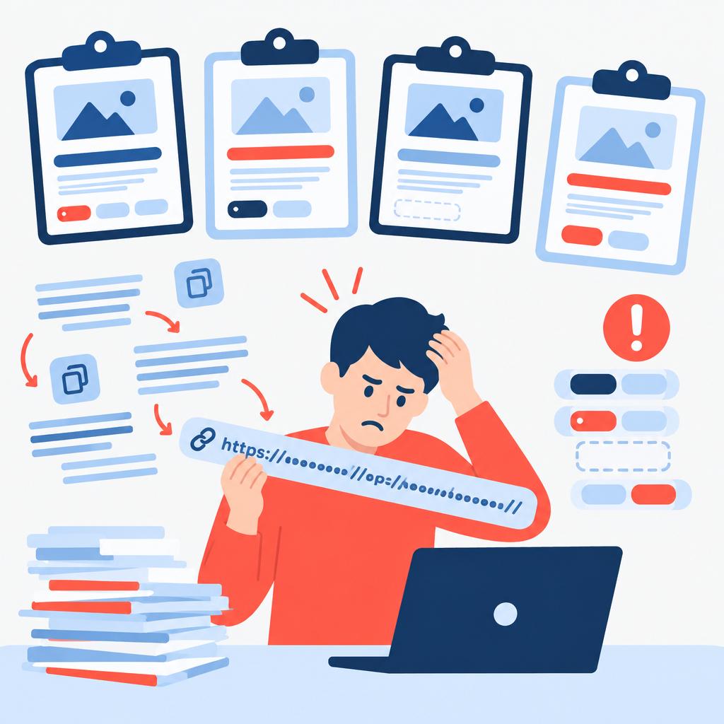 Vector illustration of a person struggling with messy copied links and inconsistent titles
