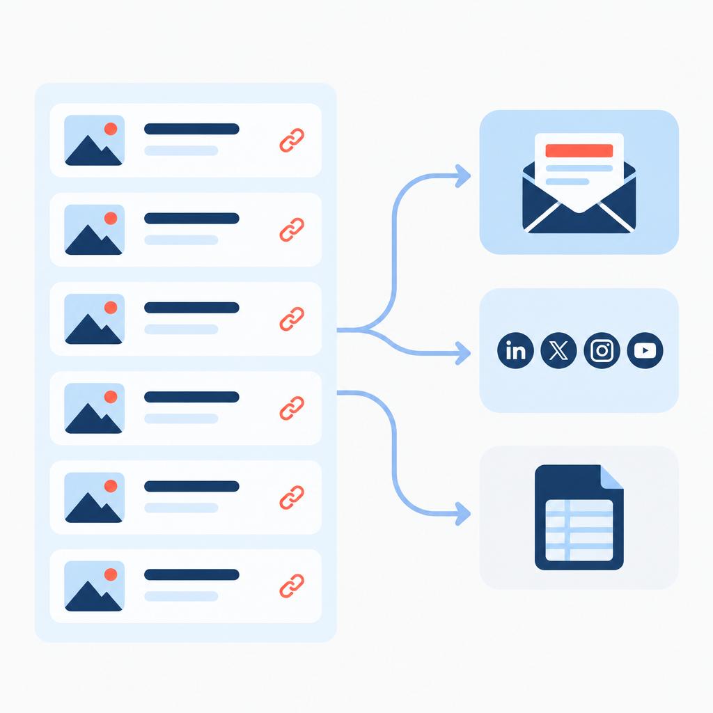 Vector illustration of organized branded link cards delivered to newsletter, social and spreadsheet channels