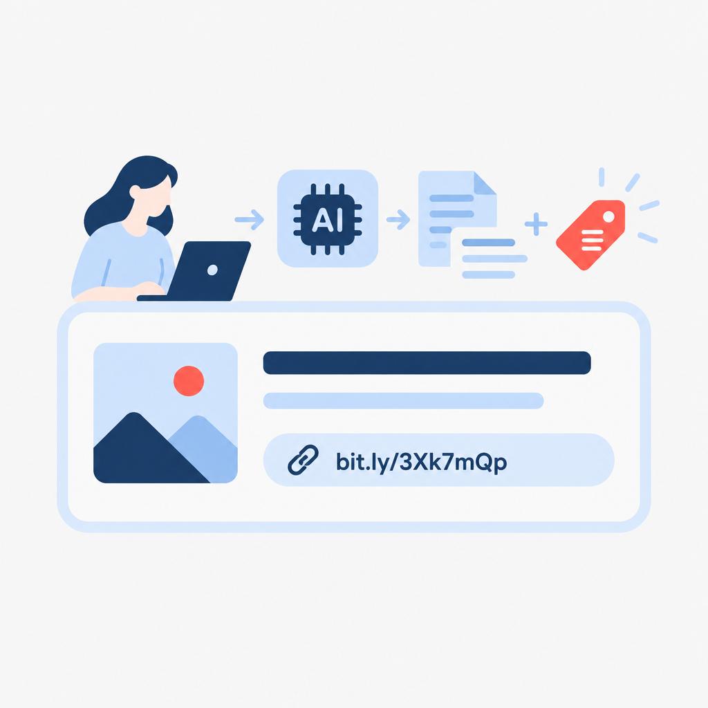 Flat vector illustration of a branded link card with headline, short summary and a stylized short URL