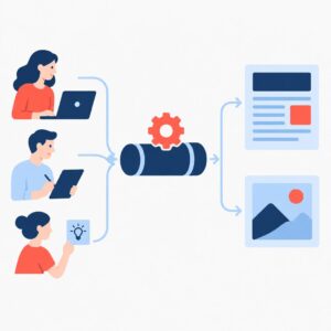Ilustración de la producción automatizada de contenidos: un proceso editorial simplificado para la creación de artículos e imágenes, con un diseño que refleja los colores de la marca.