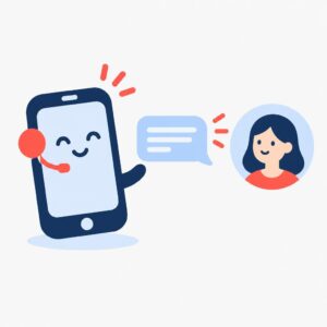 Image vectorielle B2B illustrant un assistant SMS disponible en permanence qui envoie des réponses instantanées aux clients