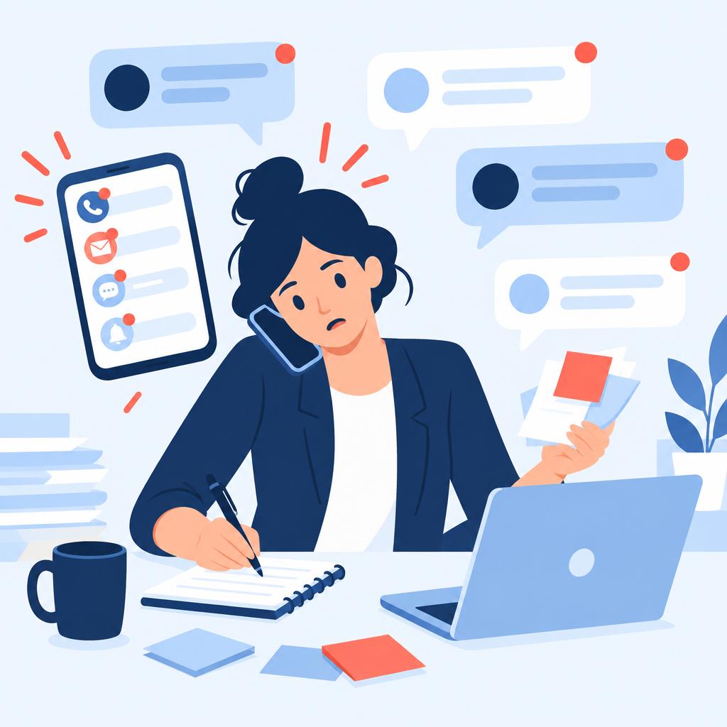 Flat vector illustration of a staff member overwhelmed by incoming SMS messages