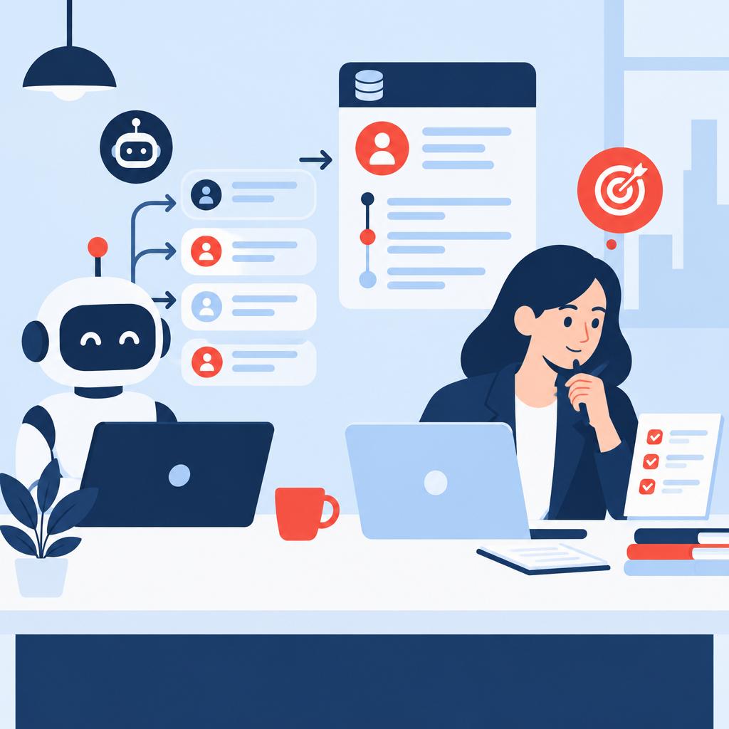 Flat vector illustration of a calm workflow where automated SMS replies handle routine messages and CRM logs are created