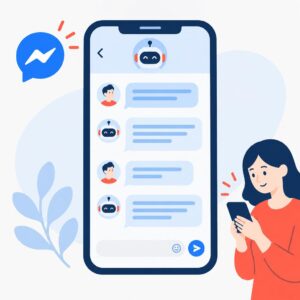 Ilustracja przedstawiająca automatycznego asystenta odpowiadającego na wiadomości w aplikacji Facebook Messenger, wykorzystującego kolory marki i przyjazny interfejs