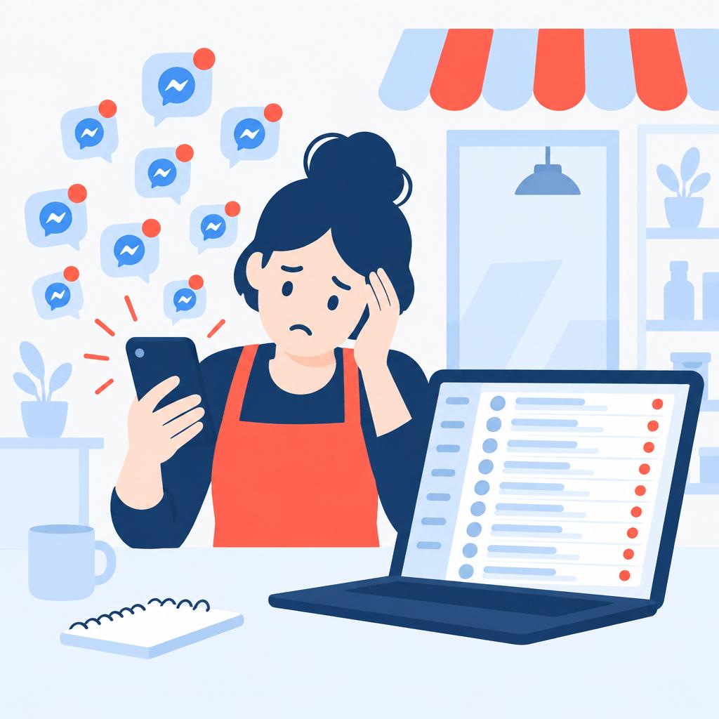Illustration of a busy inbox and a business owner seeing many Messenger notifications before automation