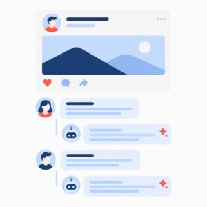 رسم توضيحي مسطح باستخدام رسوم متجهة يُظهر ردودًا على إنستغرام تم إنشاؤها بواسطة الذكاء الاصطناعي في موجز وسائل التواصل الاجتماعي، بألوان هادئة تعكس هوية العلامة التجارية وأشكال مستديرة.