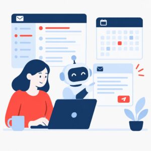 Illustration de style « flat » représentant un assistant IA en train de rédiger des réponses à des e-mails, à côté d'une boîte de réception et d'un agenda portant le logo de la marque.