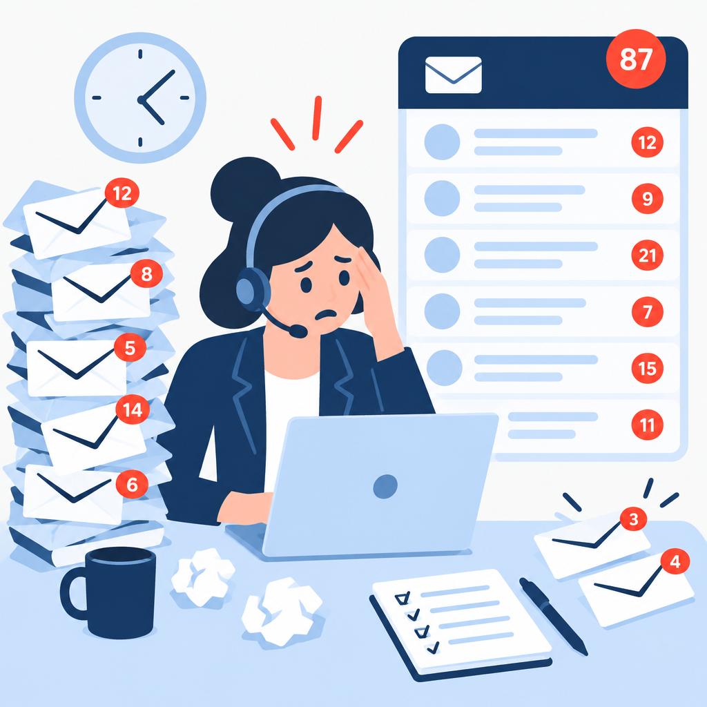 Illustration de style « flat-vector » représentant une boîte de réception débordante et un agent débordé, illustrant les difficultés rencontrées avant l'automatisation.