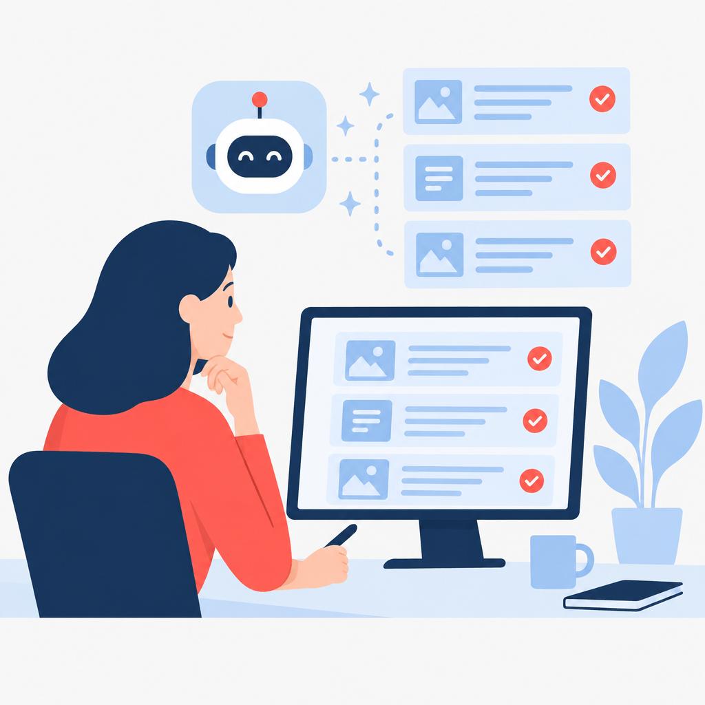 Illustration vectorielle de style « flat » représentant un bureau ordonné, avec des brouillons d'e-mails générés par l'IA et un agent validant les réponses après l'automatisation.