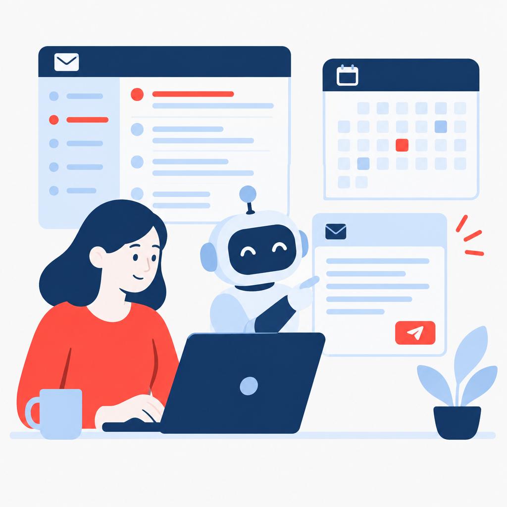 Illustration de style « flat » représentant un assistant IA en train de rédiger des réponses à des e-mails, à côté d'une boîte de réception et d'un agenda portant le logo de la marque.