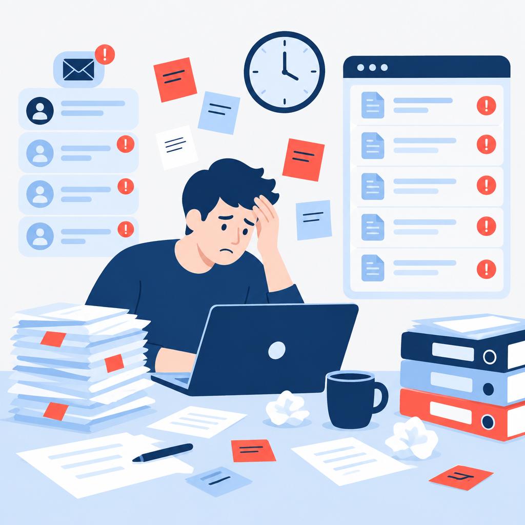 Flat vector illustration of a cluttered invoice desk and stressed operator representing the manual invoicing challenge.