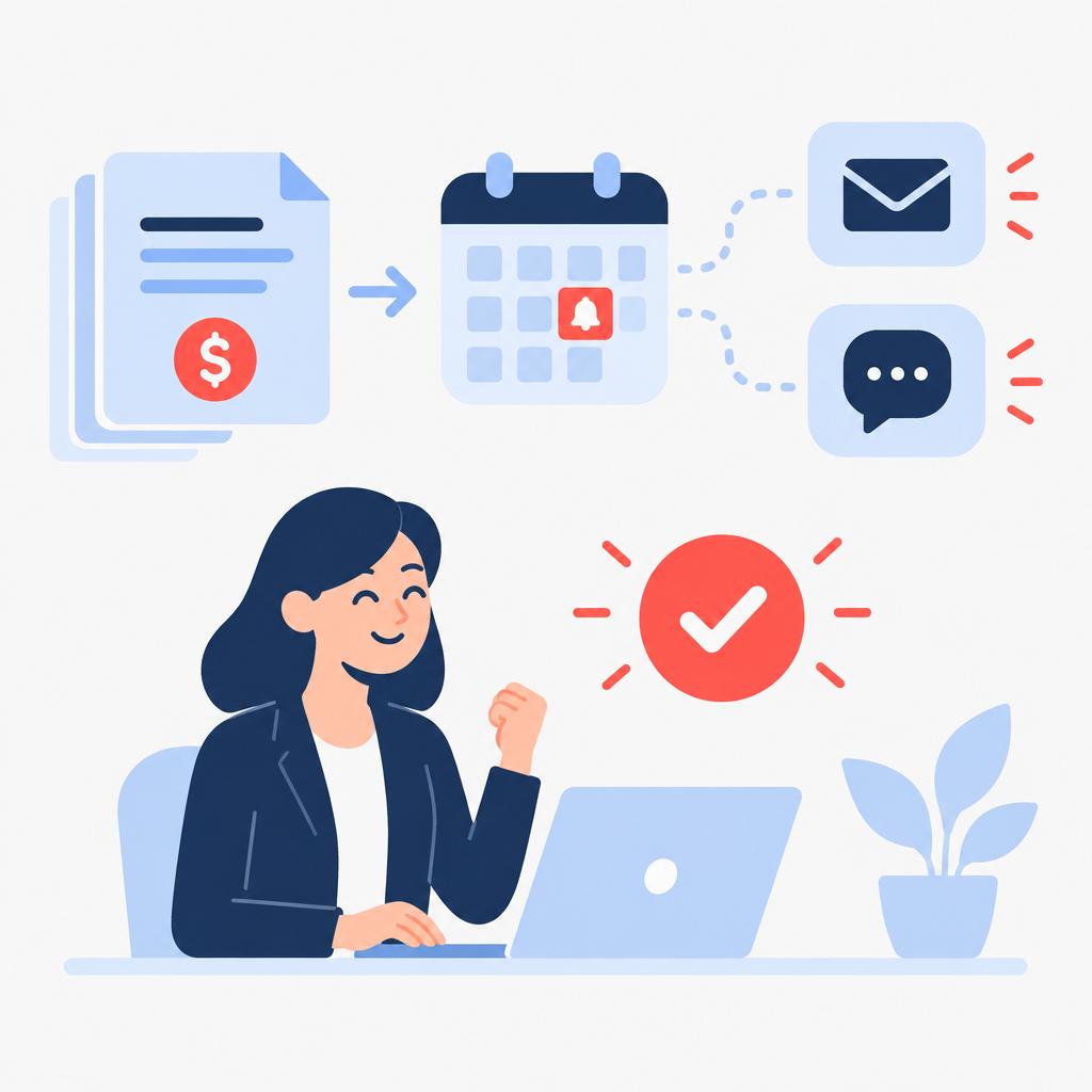 Flat vector illustration of a streamlined automated reminder flow and a calm operator representing improved invoice operations.