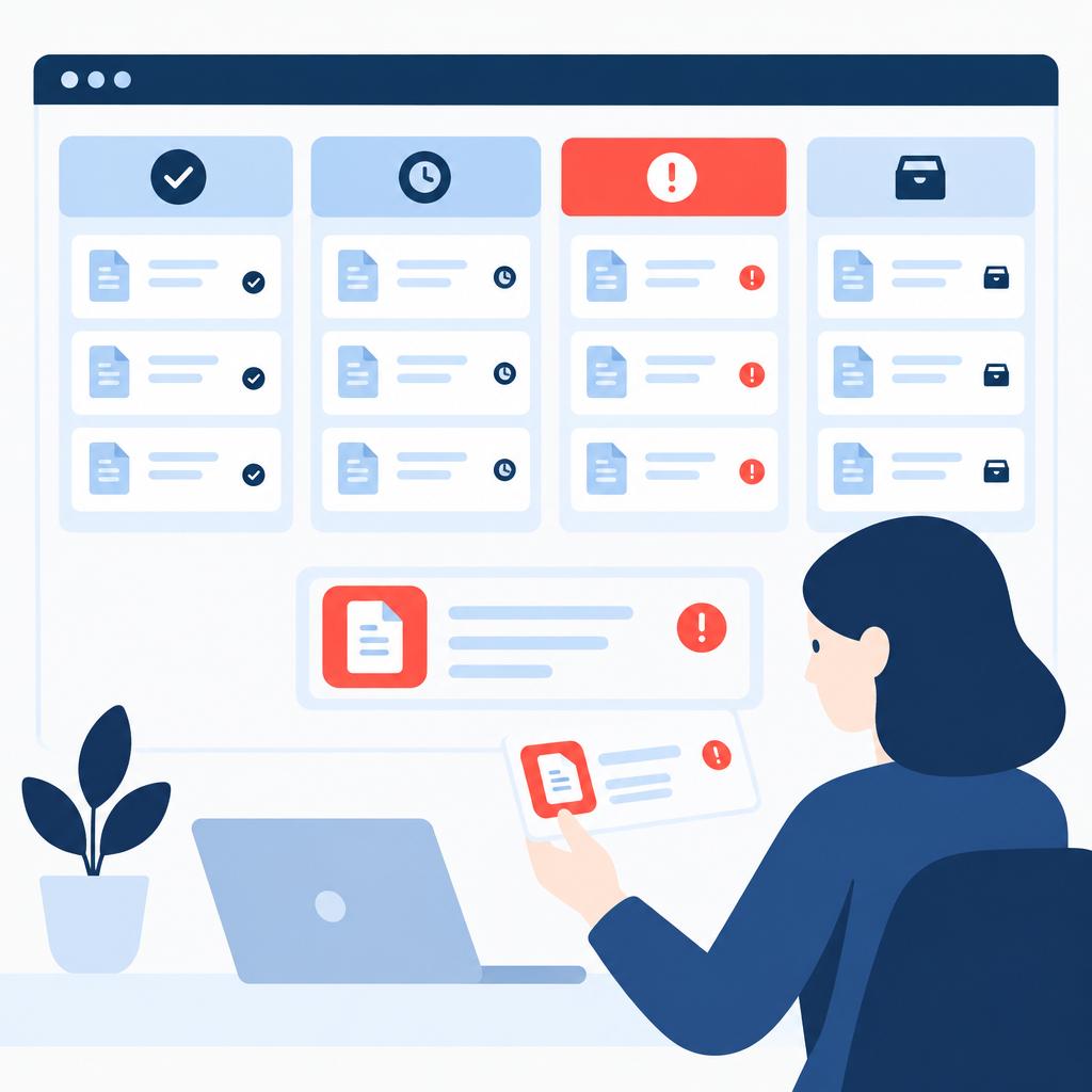 Flat vector illustration showing automated invoice monitoring and branded payment reminders, modern rounded shapes and two people reviewing a dashboard.