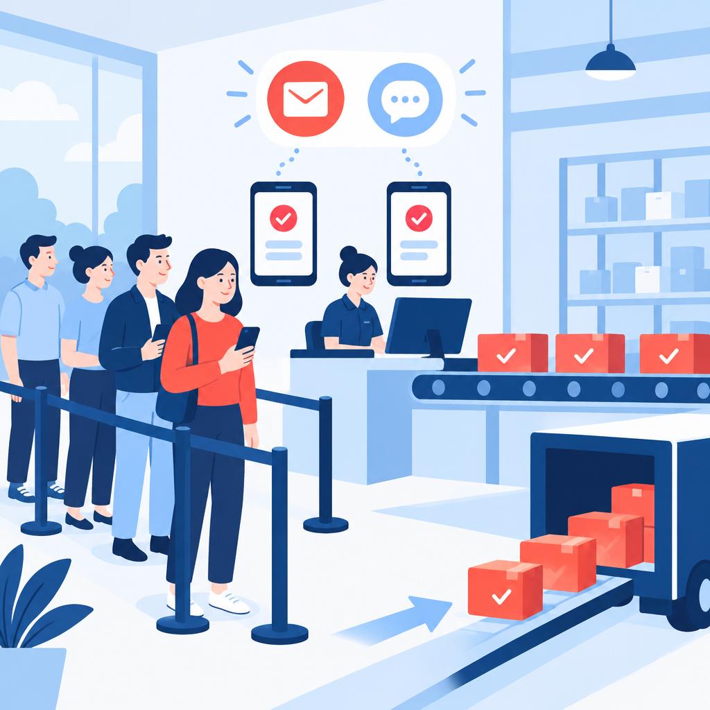 Vector illustration showing an organised automated queue and notification flow after automation.