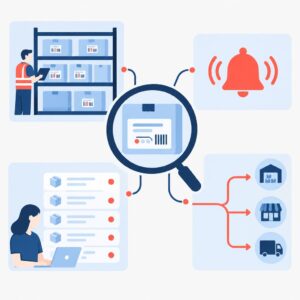 Ilustración vectorial plana de un proceso de seguimiento y retirada de un lote de productos que conecta almacenes, pedidos y notificaciones a los clientes.