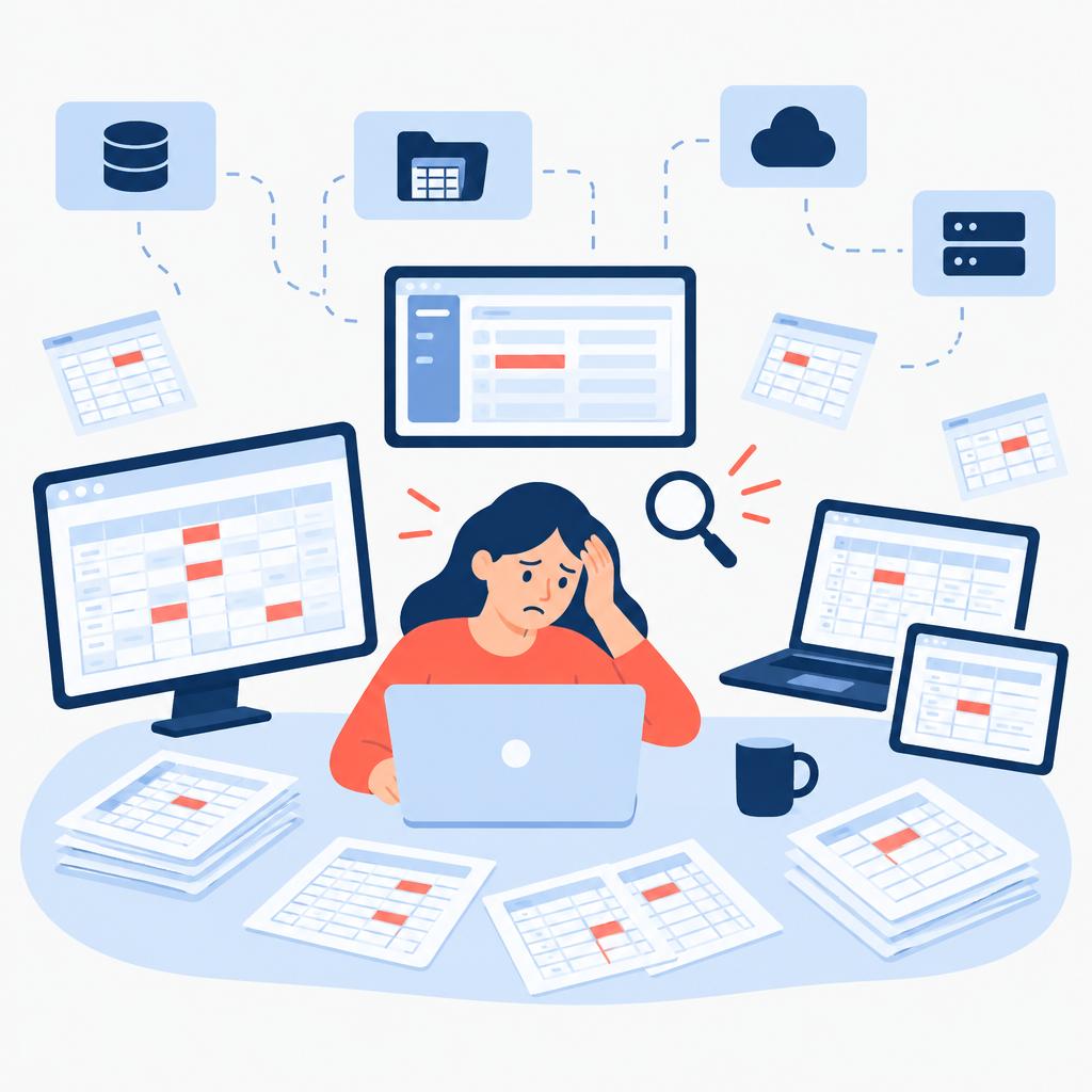 Illustration of a stressed operator surrounded by disconnected spreadsheets and systems searching for batch numbers.