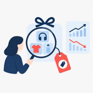 Vector illustration showing monitoring of product bundle profitability with charts and price tag