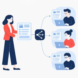 Flat-vector illustration of marketing team handing a structured creative brief to designers via automated routing