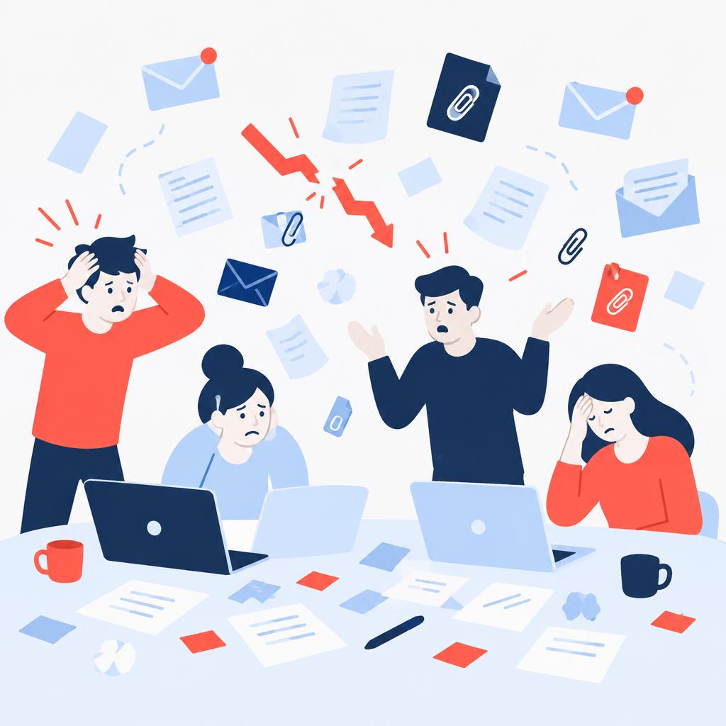 Flat-vector illustration of scattered emails and frustrated team representing the manual brief problem