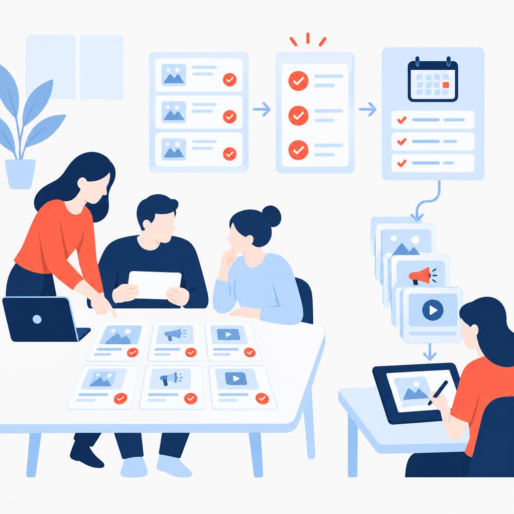 Flat-vector illustration of neat briefs and automated task cards representing streamlined creative delivery