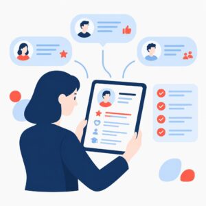 Flat-vector illustration of a hiring manager receiving a concise AI-generated candidate brief on a tablet, with referee messages organised nearby.