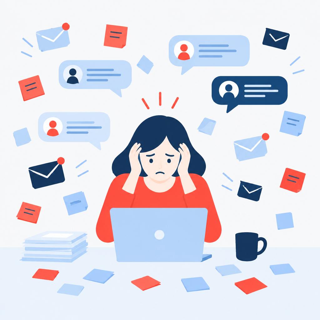 Flat-vector illustration of a recruiter overwhelmed by scattered referee messages and notes before automation.