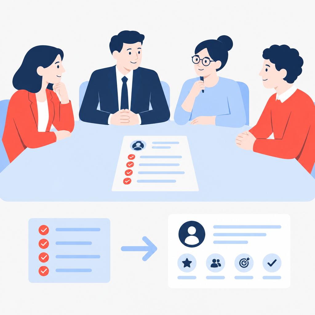 Flat-vector illustration of a calm interview panel with a single clear AI-generated interviewer brief after automation.
