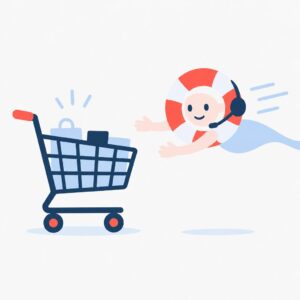 Vector illustration of a shopper leaving a cart icon and an automated rescue message approaching the cart