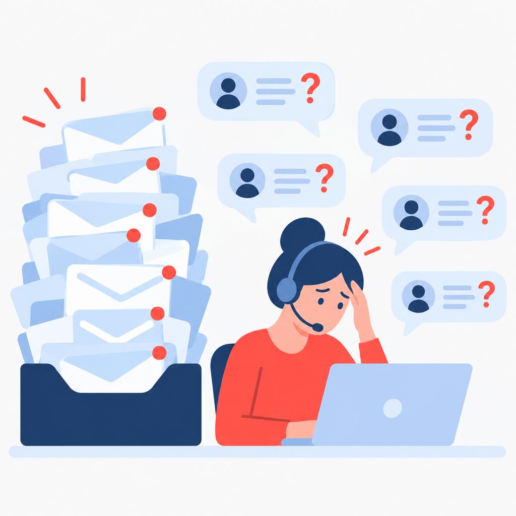 Flat-vector illustration of an overwhelmed support inbox and staff before automation.