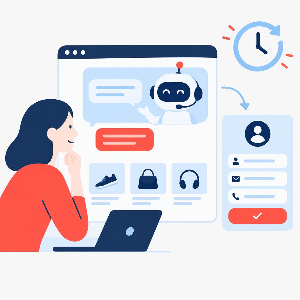 Illustration vectorielle représentant un assistant de chat basé sur l'IA qui aide les visiteurs d'un site WordPress, les guide dans leurs choix de produits et génère des prospects.