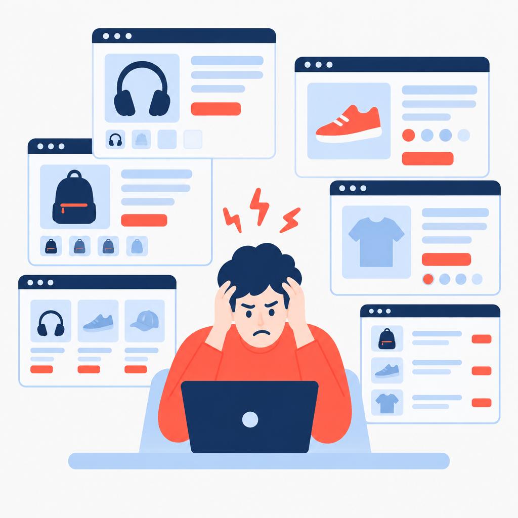 Illustration of a team overwhelmed by many open competitor web pages
