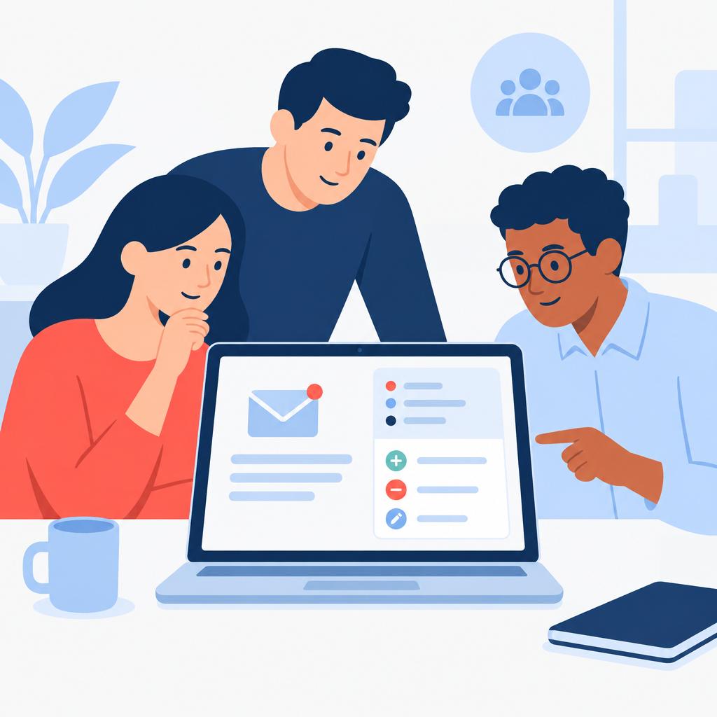 Illustration of a compact email summary and team reviewing concise competitor insights