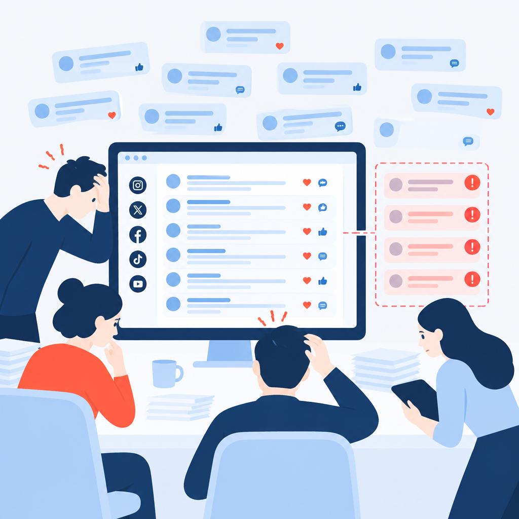 Illustration of an overloaded team manually reviewing many social comments