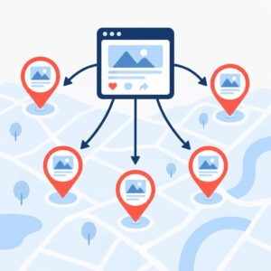 رسم توضيحي متجه يُظهر لوحة تحكم مركزية تقوم بتوزيع منشورات متطابقة على عدة علامات مواقع في «ملف Google Business Profile».